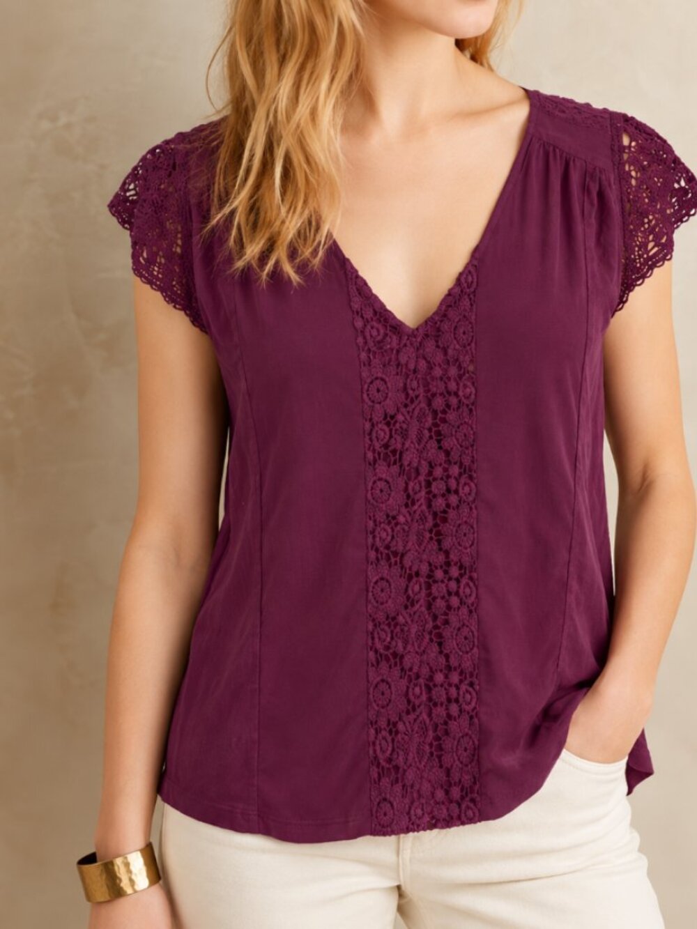 Anthropologie Meadow Rue Crochet Lace Boho Peasant Blouse in Plum Size Large
